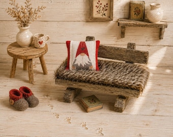 Elf bench with fur and cushion | Miniature wooden bench | Elf door accessories | Elf decoration | Miniature dollhouse