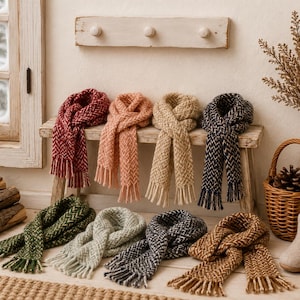 Könnte beinhalten: Eine Sammlung von acht gestrickten Schals mit Fischgrätenmuster und Fransen an den Enden, in verschiedenen Farben wie Rot, Pfirsich, Beige, Marineblau, Dunkelgrün, Hellgrün, Anthrazit und Braun, die auf und um eine Holzbank angeordnet sind.