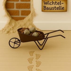 Miniature metal wheelbarrow – gnome accessory | Dollhouse garden decoration 1:12