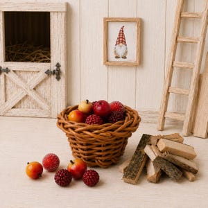 Könnte beinhalten: Ein kleiner, brauner Weidenkorb gefüllt mit künstlichen roten und gelben Früchten und Beeren. Neben dem Korb liegen lose Beeren, kleine Äpfel und ein Stapel Miniatur-Holzscheite. Ein kleiner Bilderrahmen mit einem Gnom hängt im Hintergrund.