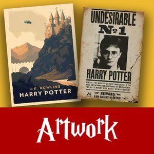 May include: Two vintage-style posters featuring Harry Potter. The first poster shows a castle on a cliff with a bridge and a flying car. The second poster is a wanted poster with a photo of Harry Potter and the text "Undesirable No. 1" and "Reward 10,000 Galleons on his head."