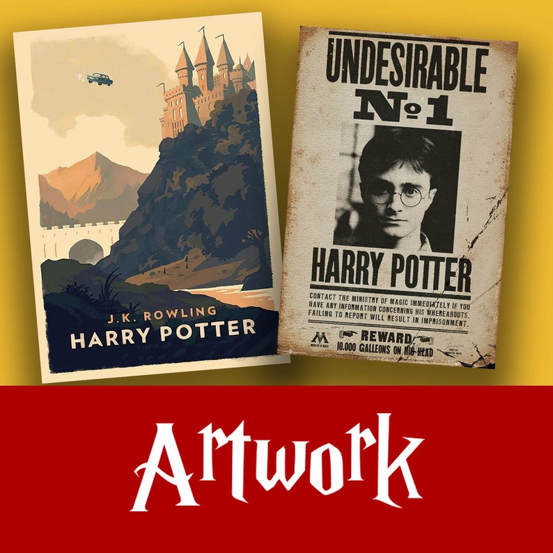 May include: Two vintage-style posters featuring Harry Potter. The first poster shows a castle on a cliff with a bridge and a flying car. The second poster is a wanted poster with a photo of Harry Potter and the text "Undesirable No. 1" and "Reward 10,000 Galleons on his head."