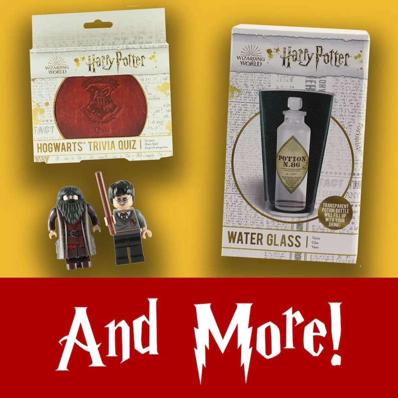 May include: Two Harry Potter themed products: a red and gold Hogwarts Trivia Quiz game box and a clear glass with a potion bottle inside. The glass has the text "Water Glass" on it. The potion bottle has the text "Potion N.86" on it. Two Lego minifigures of Harry Potter characters are in the bottom left corner.