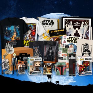 May include: A collection of Star Wars merchandise, including t-shirts, books, action figures, and Funko Pop figures. The items feature characters like Darth Vader, Anakin Skywalker, and Boba Fett. The image has a space-themed background, with a Millennium Falcon model and a mug.