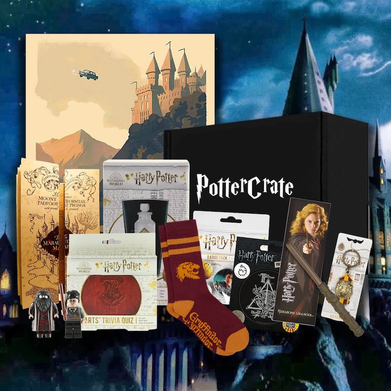 May include: A Harry Potter themed subscription box with a black box, a Gryffindor themed sock, a Hogwarts castle print, a Harry Potter badge pack, a Hermione Granger bookmark, a Harry Potter trivia quiz, a Harry Potter themed keychain, and a Harry Potter themed bottle stopper.