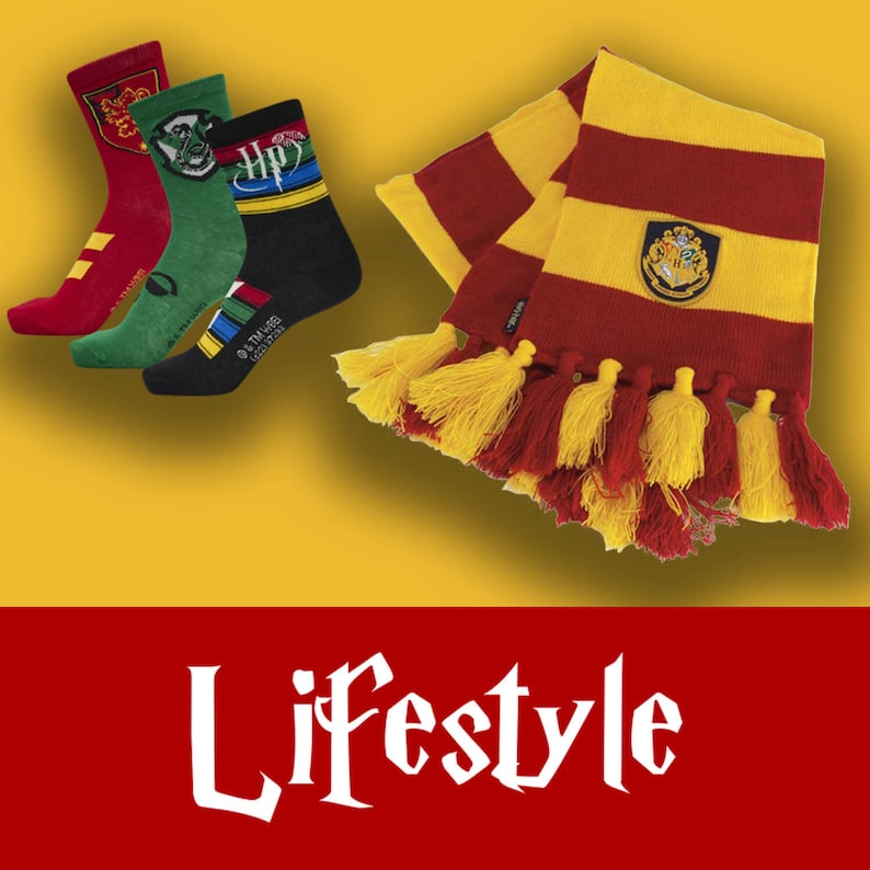 May include: Three pairs of colorful socks with Harry Potter themed designs, including the Hogwarts crest, the letters HP, and a Gryffindor house crest. A red and gold striped scarf with tassels.