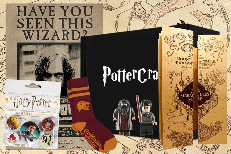 May include: A Harry Potter themed gift set featuring a black notebook with the text "PotterCra" in white, a set of Gryffindor socks with a lion logo, a pack of Harry Potter badges, two Lego minifigures of Harry Potter and Rubeus Hagrid, and a Marauder's Map bookmark.