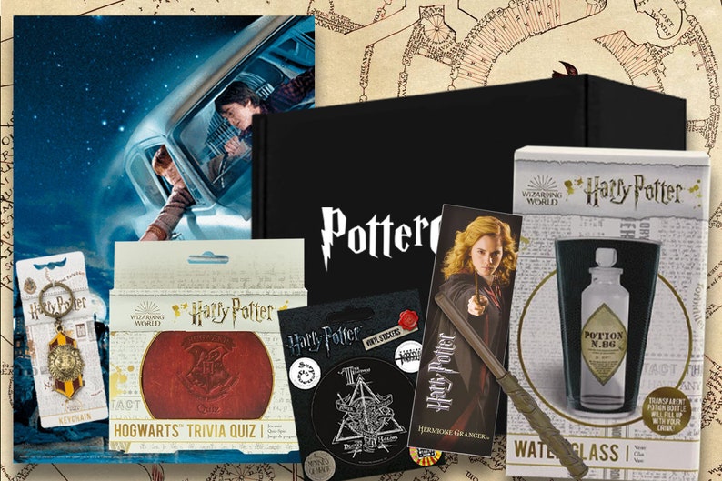 May include: A Harry Potter themed gift box set with a black box, a red leather coaster with the Hogwarts crest, a glass with a potion bottle design, a bookmark with Hermione Granger, a wand, and a keychain with the Golden Snitch.