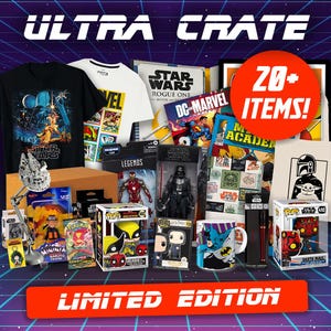 Puede incluir: Una colección de merchandising de la cultura pop, que incluye artículos de Star Wars y Marvel. La imagen presenta camisetas, figuras de acción, cómics y figuras Funko Pop. El texto "ULTRA CRATE" y "LIMITED EDITION" son visibles.