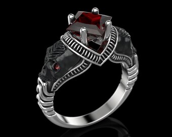Gothic Biker 925 Sterling Silver Skull Fang Statement Ruby Ring Gift For Him 