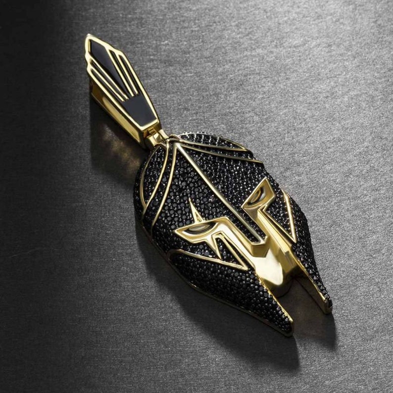 925 sterling silver black and warrior helmet iced pendent,diamond warrior mask pendent,gothic diamond ring,yellow and black stone pendent.