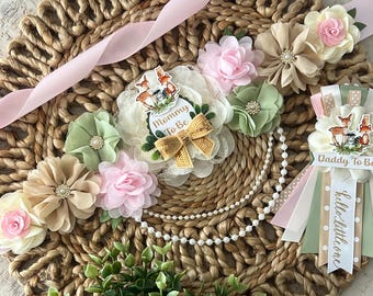 Woodland maternity sash, woodland baby shower belly sash, pink woodland maternity sash, forest animals girl baby shower maternity sash