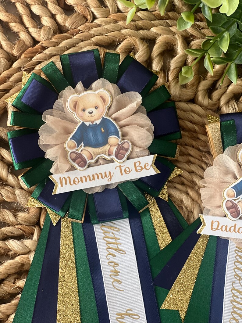 Teddy Bear Baby Shower Corsage, Navy and Green Teddy Bear Pin Bild 8