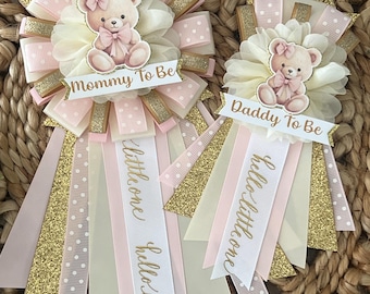 Teddy Baby Shower Corsage: Baby Girl Mommy-to-Be corsage, Pink Bear baby shower corsage, Can bearly wait corsage