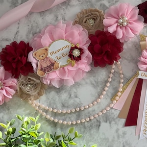 Teddy Bear Maternity Sash: Pink and burgundy Teddy Bear Baby Shower sash, “Can bearly wait” sash, baby girl baby shower sash for Mommy to be