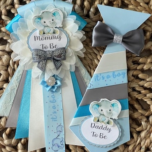Elephant baby shower corsage set, Boy elephant baby shower corsage, Blue elephant baby corsage set,  little peanut baby shower corsage.