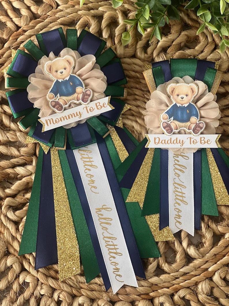Teddy Bear Baby Shower Corsage, Navy and Green Teddy Bear Pin Bild 7
