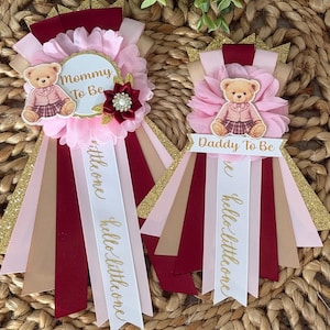 Pink and burgundy Teddy Bear Baby Shower Corsage, Mommy, Daddy, Girl Shower Decorations