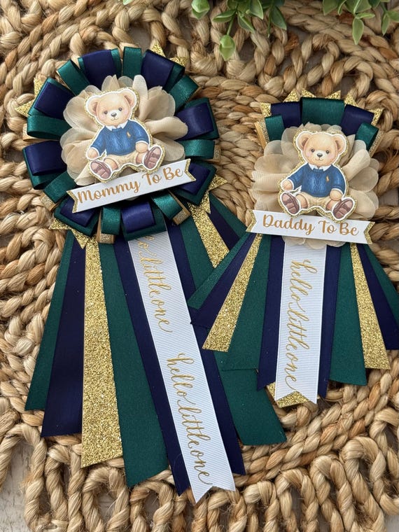Polo Bear Baby Shower Corsage, Navy and Green Teddy Bear Pin