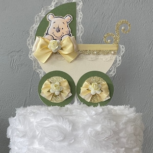 Winnie the Pooh baby shower cake topper, Pooh baby cake topper, Green and yellow Pooh cake topper, Baby shower cake topper, Baby buggy cake