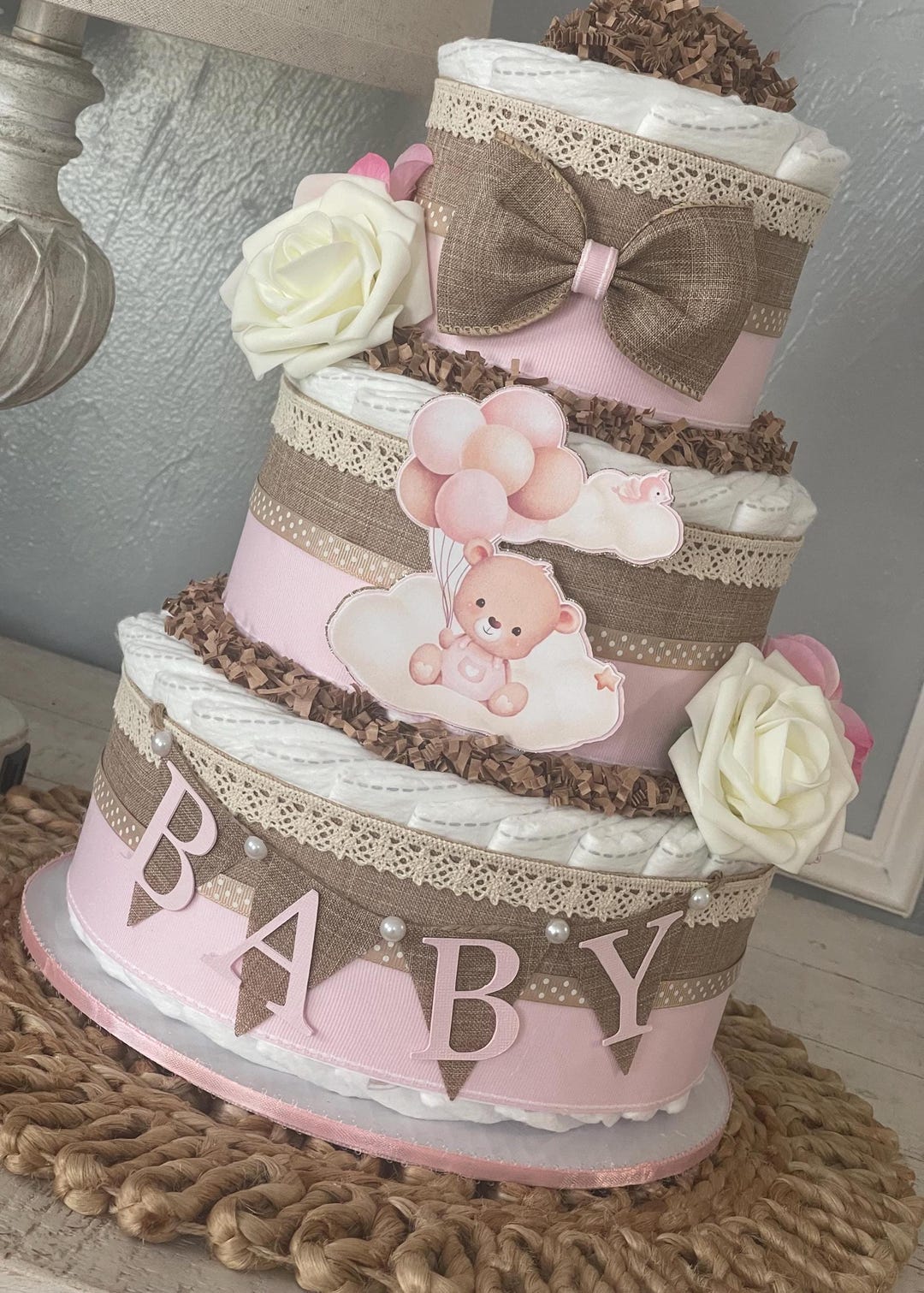 Teddy Bear Diaper Cake, Can Bearly Wait Baby Shower Centerpiece, Girl ...