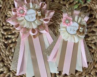Bear baby shower corsage, teddy bear corsage, light pink bear baby shower corsage, We can bearly wait baby shower pin for girl baby shower