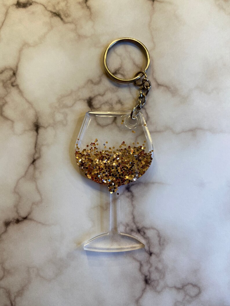 Wine Glass Glitter Keychain Gold Etsy