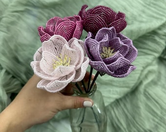 French Beaded Peony: Handmade Glass Seed Bead Flower - Unique Home Decor