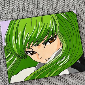 May include: A hand-painted canvas featuring a close-up portrait of a female anime character with long, flowing green hair and brown eyes. The character is looking directly at the viewer with a serious expression.