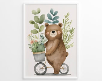 Kinderzimmer Poster, Bär auf einem Fahrrad - Pflanzen , Kinderzimmer Dekoration, digitaler Download, druckbar, DIN-Formate, Babyzimmer Kunst