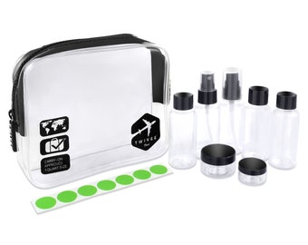 TWIVEE - Transparenter Kulturbeutel mit Reiseflaschenset - 1 Liter - Transparent - Unisex - weiß, schwarz, pink und türkis - TSA konform!