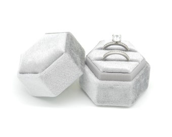 Hexagon Velvet Double Ring Box Grey (Light banding) - Valentines Day Wedding Ring Box, Velvet Ring Box, Engagement Ring Box, Hex Ring Box