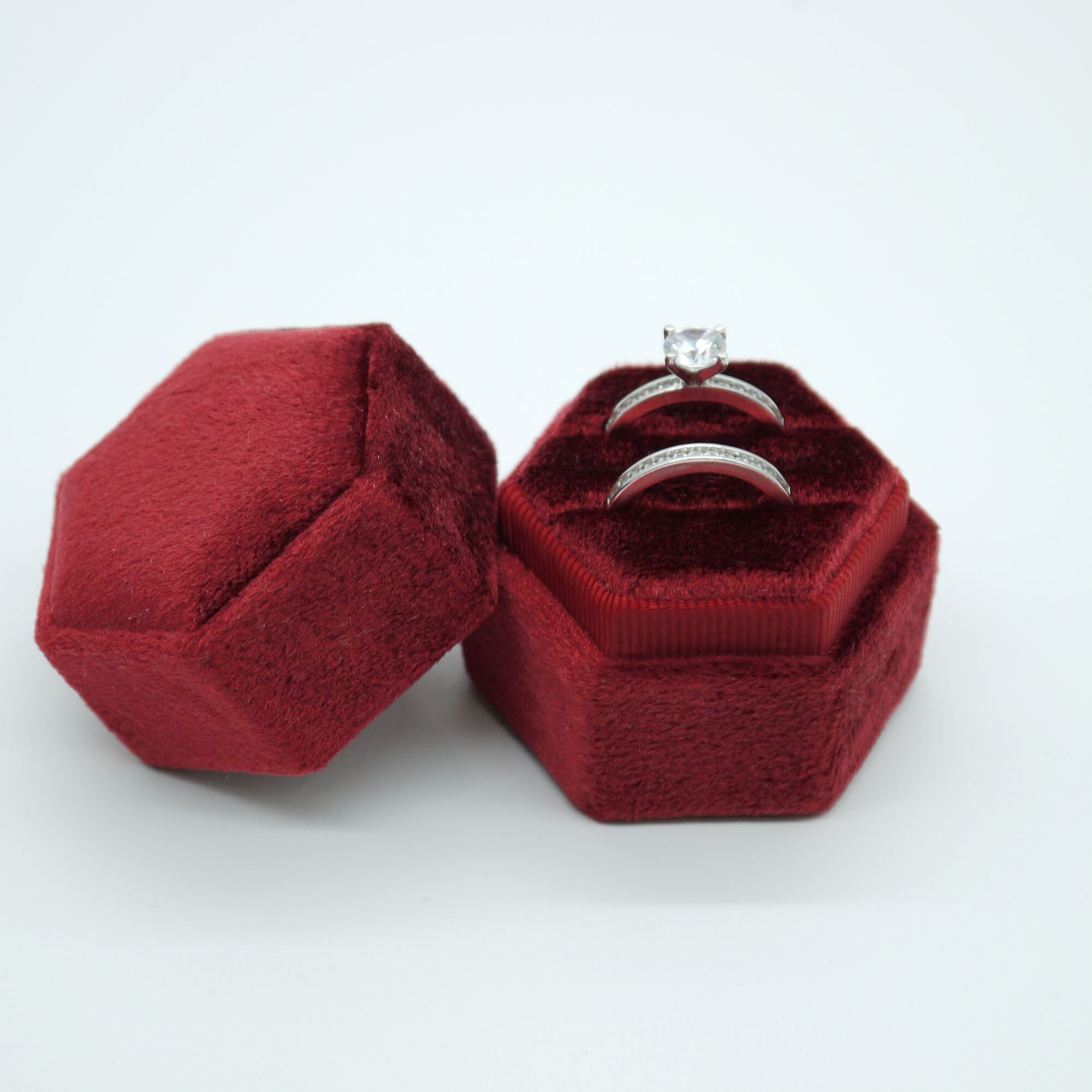 Hexagon Velvet Double Ring Box Red Wedding Ring Box Velvet Etsy