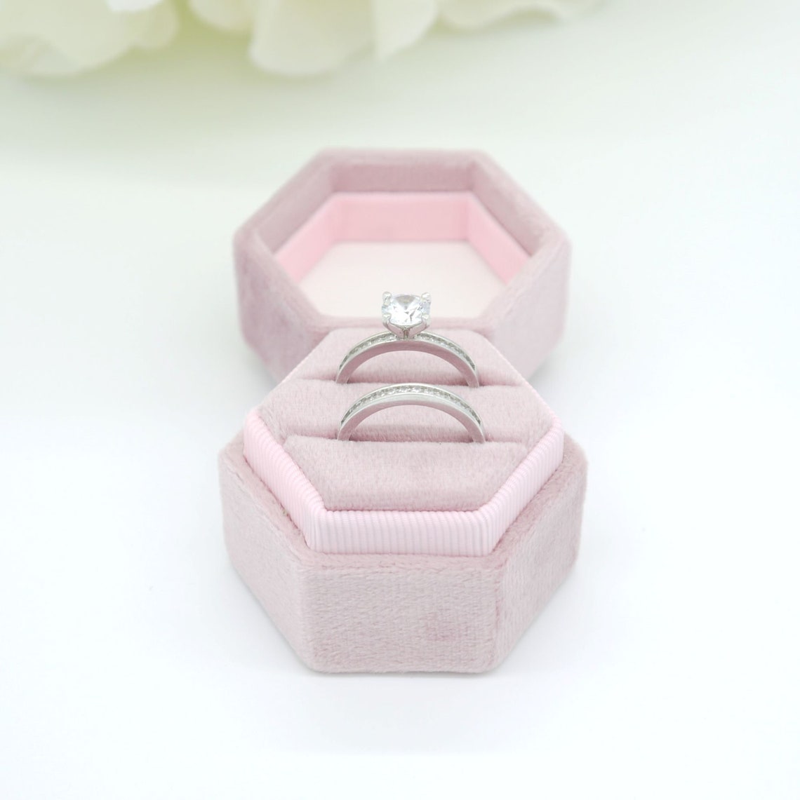 Hexagon Velvet Double Ring Box Pink Matt Wedding Ring Box