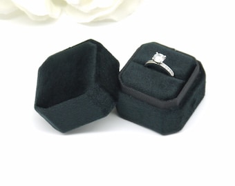 Square-Octagon Single Velvet Ring Box Black - Valentine Proposal Ring Box, Valentines Day Engagement Ring Box, Wedding Ring Box