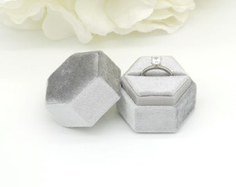 Hexagon Single Velvet Ring Box Grey (Light Banding) - Valentines Day Proposal, Engagement Ring Box, Wedding Ring Box, Single Ring Box