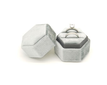 Hexagon Velvet Double Ring Box Grey (Dark banding) - Wedding Ring Box, Velvet Ring Box, Engagement Ring Box, Ring Bearer, Valentines Day