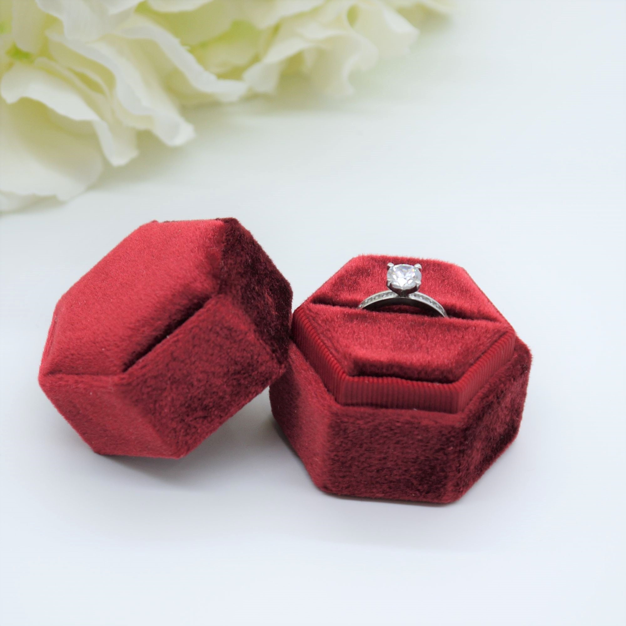 Hexagon Single Velvet Ring Box Red Valentines Day Engagement