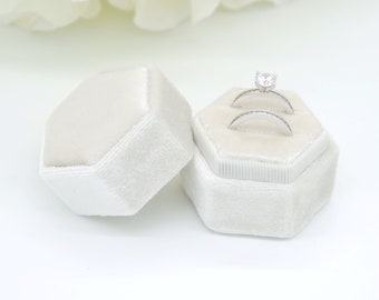 Ivory Velvet Hexagon Double Ring Box - Wedding Ring Bearer Box