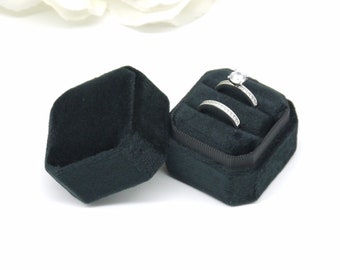 Black Velvet Double Ring Box – Square Octagon, Wedding Ring Bearer