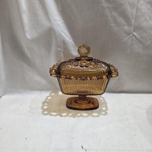 Vintage Indiana Glass Amber Lace Edged Pedestal Compote Candy Dish with Lid