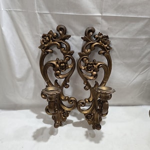 Juego de 2 candelabros vintage Syroco Homco de bronce dorado estilo Regency, arte de pared
