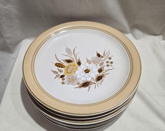Puede incluir: Una pila de platos de cerámica con un diseño floral. Los platos tienen un borde color crema y un centro blanco. El patrón floral presenta flores amarillas, marrones y blancas. Los platos están apilados uno encima del otro.