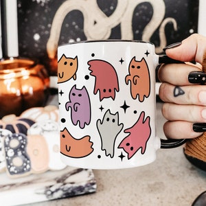 Ghost Cat Mug, Fall Coffee Mug, Cute Halloween Gift, Spooky Mug, Cat Lover Gift, Fall Mug, Retro Pink Purple Orange Halloween Mug for her