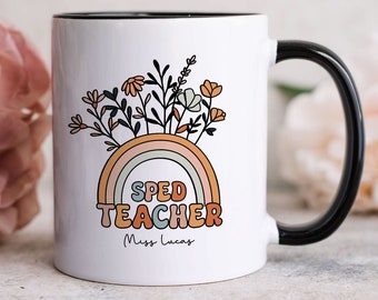 SPED Teacher Mug, Personalized Name Autism Teacher, Special Education Rainbow Flower Coffee Cup