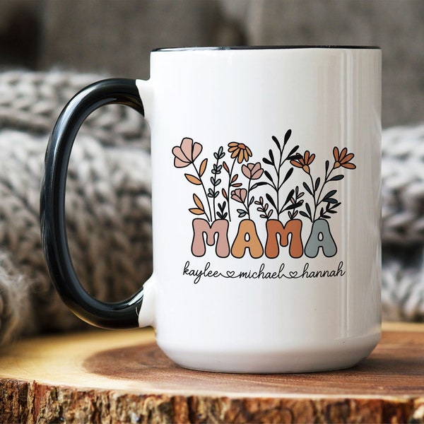 Mama mug with kids names, Mother Gift, Custom Flower Name Mug, Gift for new Mom, Mommy Mug, Mothers Day Gift for her, Groovy Wildflower Mug
