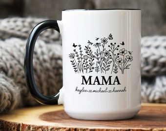 Mothers Day Gift with Kids Names, Gift from Daughter or son, Personalized flower Mama mug, Gift for Mothers Day, Mom Birthday Gift,Mama Gift