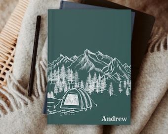 Journal for men, Mountain notebook with camping tent, personalized name journal, gift for him, Customized Journal for prayer or travel