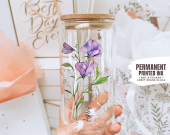 April Birth Flower Clear glass Mug, Watercolor Sweet Pea, Floral Birthday gift for her, Libbey® Iced Coffee Can, Best Friend Mom cold cup