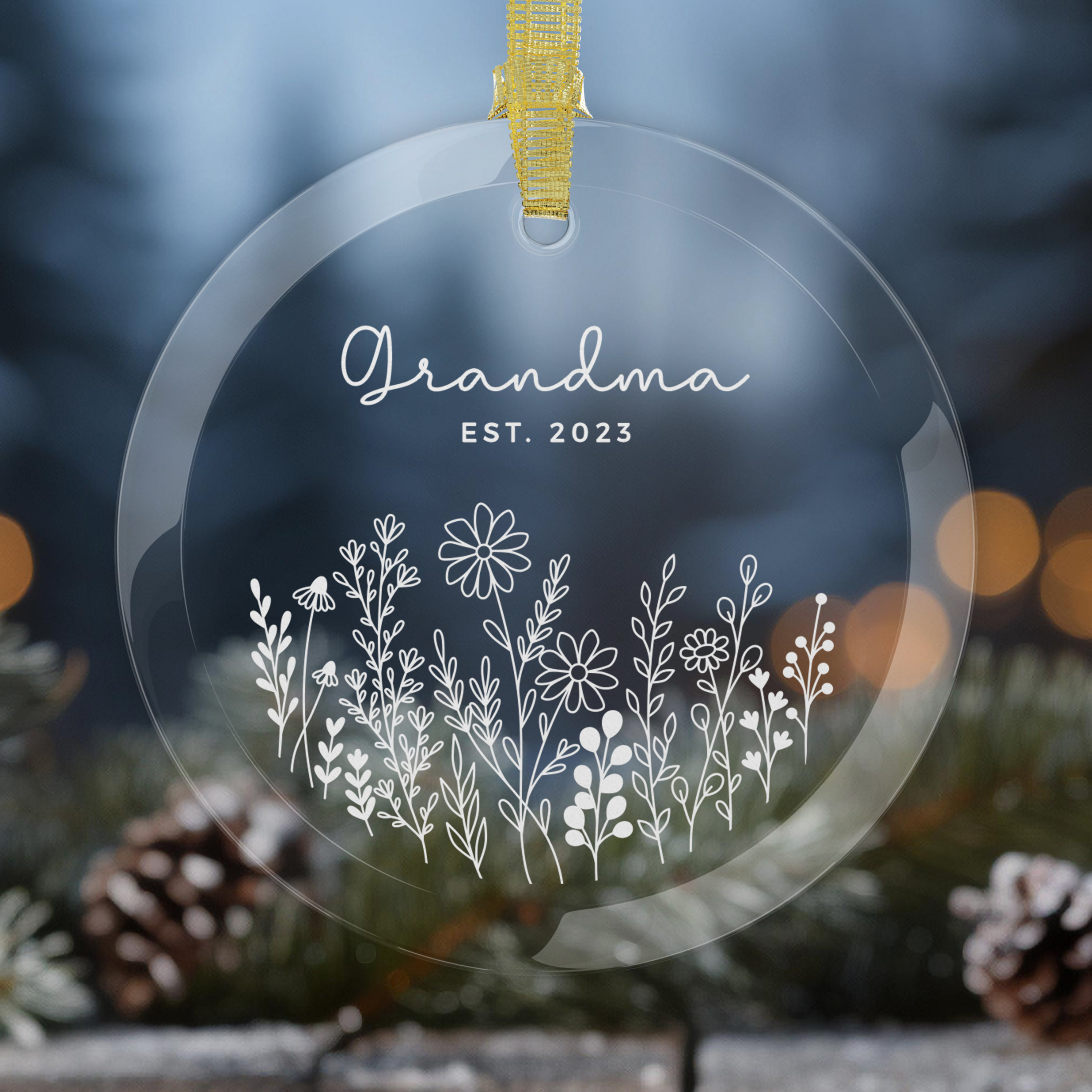 Glass Grandma Ornament, New Grandma Gift, Custom Flower Ornament,Baby Announcement, Grandma Est. Date Custom Ornament, New Baby Reveal gift